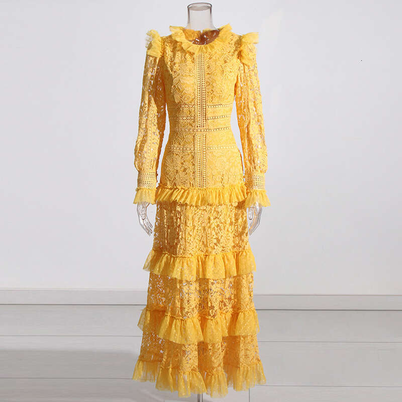 Fashion French Style 2025 Spring New Round Neck Sleeve Lace And Mushroom Edge Splicing Long Dress For Women
