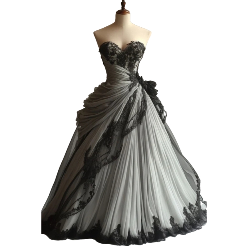 Vintage Silver And Black Prom Dresses Lace Appliques Ruched Sweetheart Strapless Long Evening Gown Lace-up Corset Gothic Special Occasion Dress