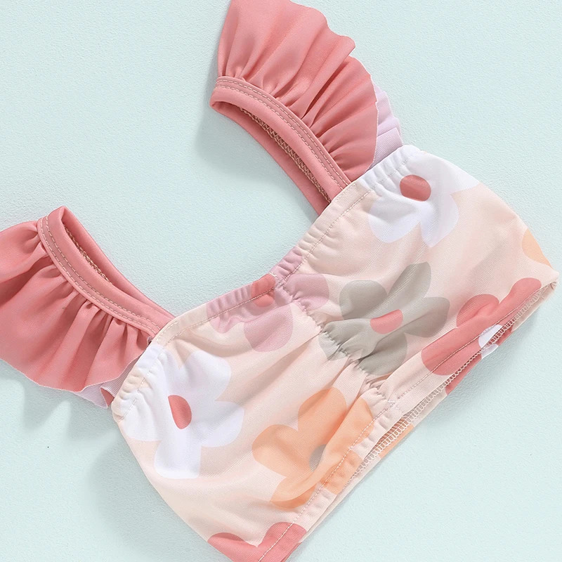0-4Y Toddler Girls Swimsuits Floral Print Fly Sleeve Bathing Suits with Cap Kids Swimwear Baby Bikini Sets Kids Beachwear 250311