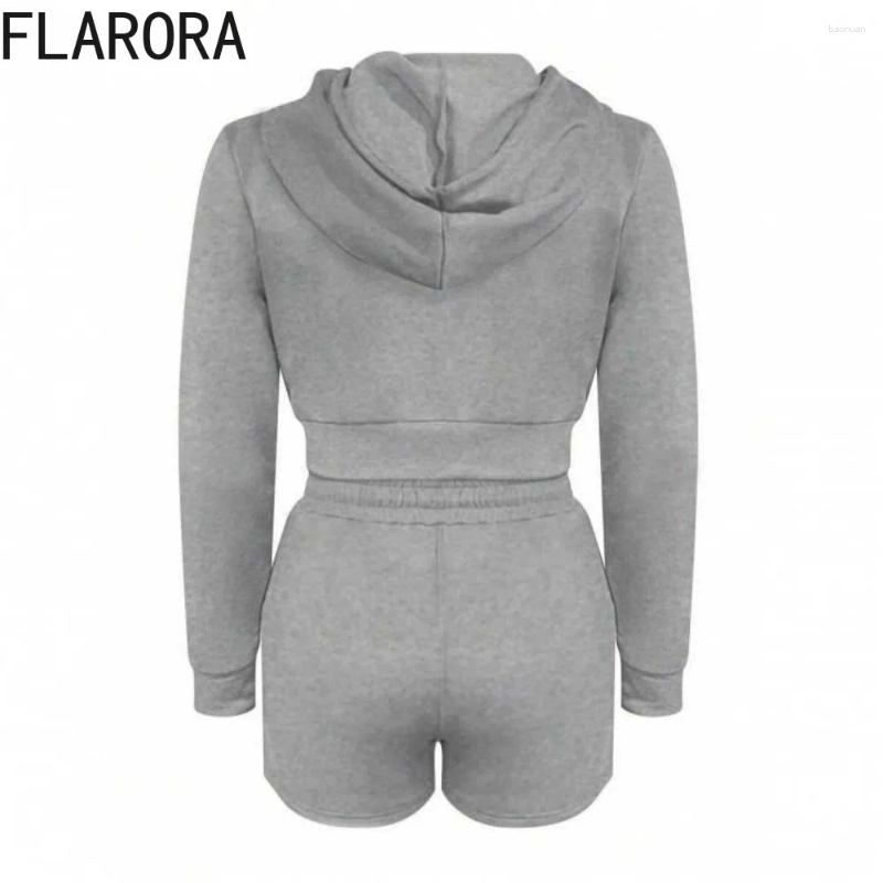 Womens Tracksuits FLARORA Casual Solid Hooded Zip Shorts Woman Long Sleeve Tops And Two Piece Set Female Street Sporty Outfits