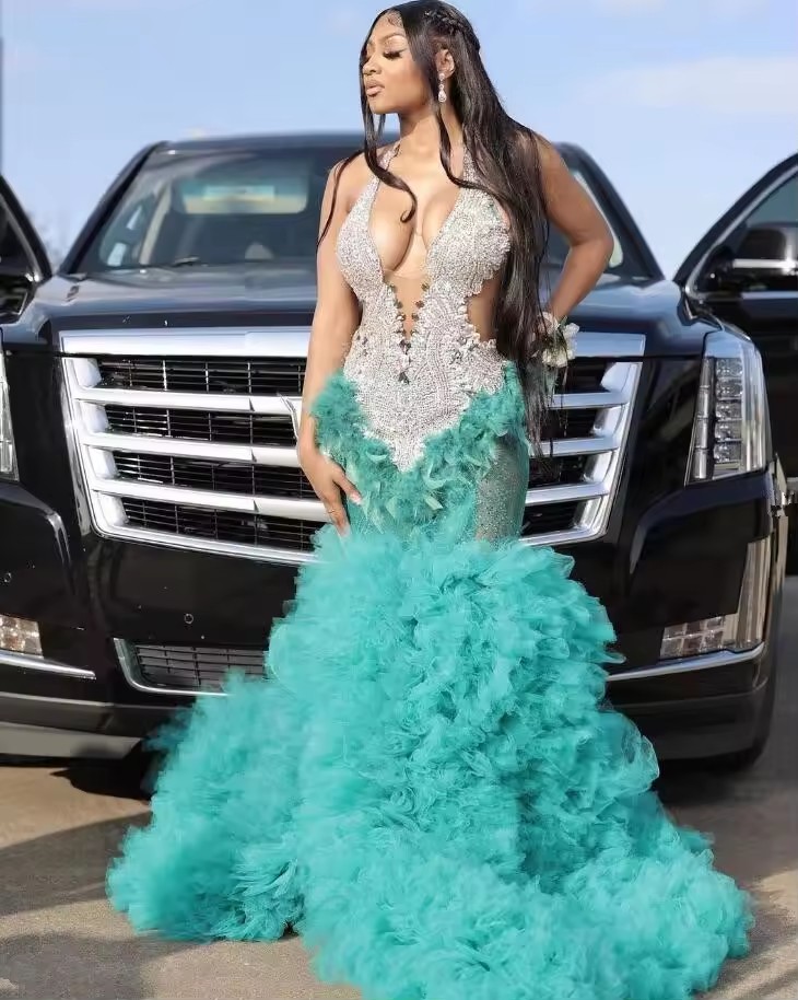 Customsized Turquoise Mermaid Prom Long Dress Sier Dia Crystal Ruffles Skirt Black Girl Birthday Evening Gown vestidos de gala