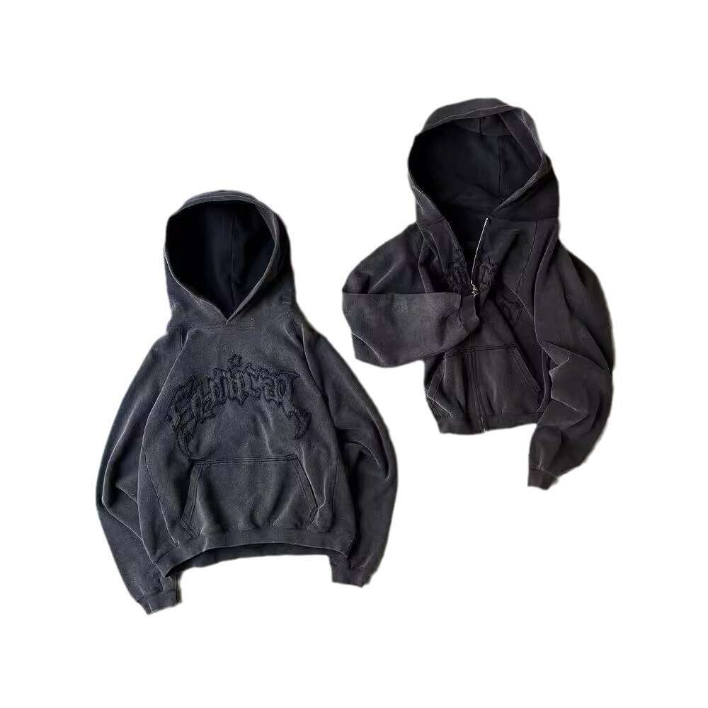 American Y2K embroidered hoodie with personalized zipper trend, high street Harajuku loose fitting unisex sweatshirt