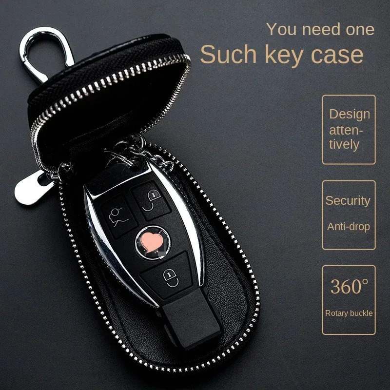 Cowhide Car Key Wallet Case Genuine Leather Pattern Zipper Cover Mini Waist Trailer Bag Unisex with Metal Buckle 250311