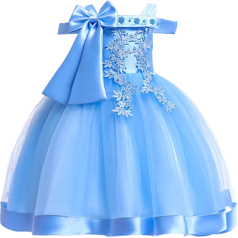 3-10 Years Kids Christmas Party Dresses For Girls Appliques Flower Elegant Wedding Dress With Bow Children Birthday Prom Gown 250311