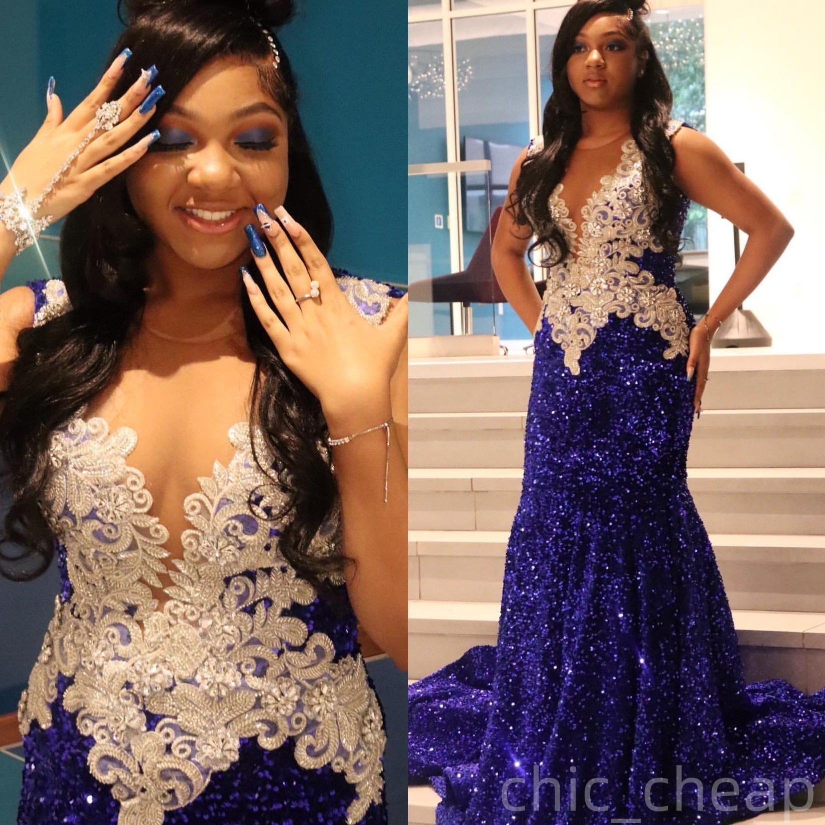 2025 Plus Size Royal Blue Mermaid Prom Dresses Mermaid Sheer Neck Lace Crystals Sequined Evening Formal Birthday Party Special Occasion Dress Gowns