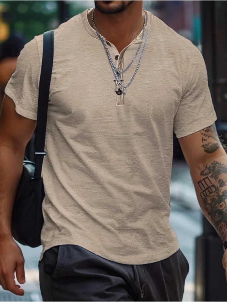 mens summer Tshirt button solid color shortsleeved shirt casual collarless 250312
