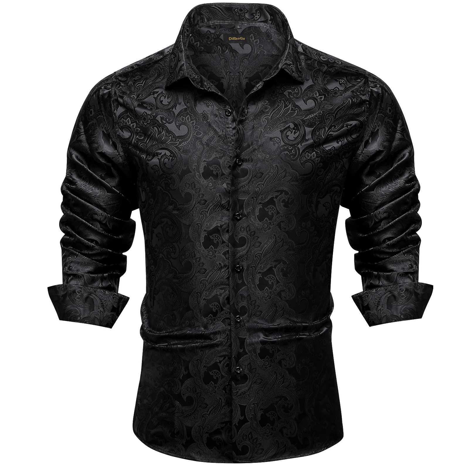 Black Paisley Solid Silk Polyester Luxury Long Sleeve Dress Shirts for Wedding Prom Turn Down Collar Shirt Brand Men Clothing W250312