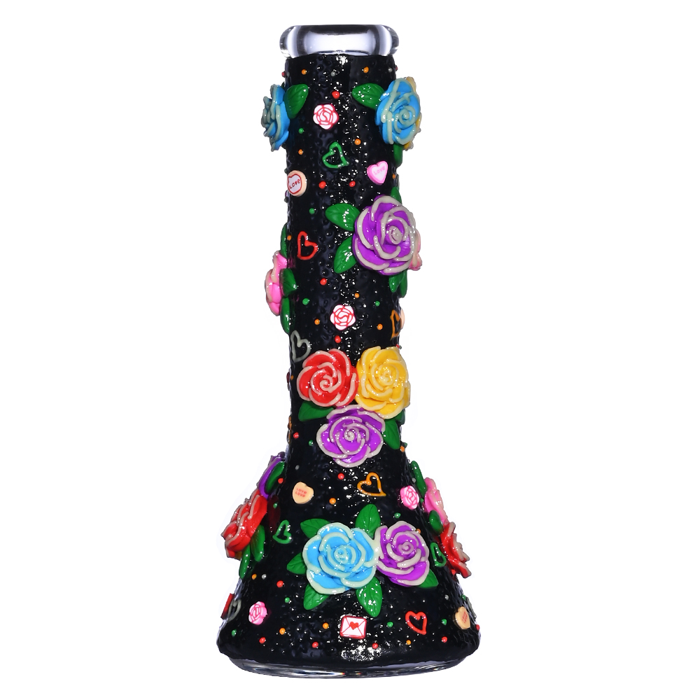 Glass Beaker Bong With Cute Rose & Love,Flowers With Glow In Dark,Borosilicate Glass Water Pipe,Glass Hookah,Polymer Clay Glass Smoking Item With Flow