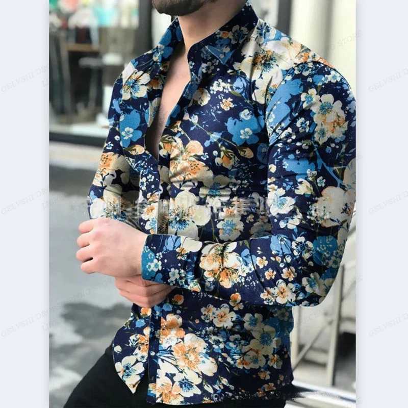 Long sleeved Hawaiian shirt mens fashion shirt floral shirt Cuban beach shirt lapel Camisas floral shirt button W250312