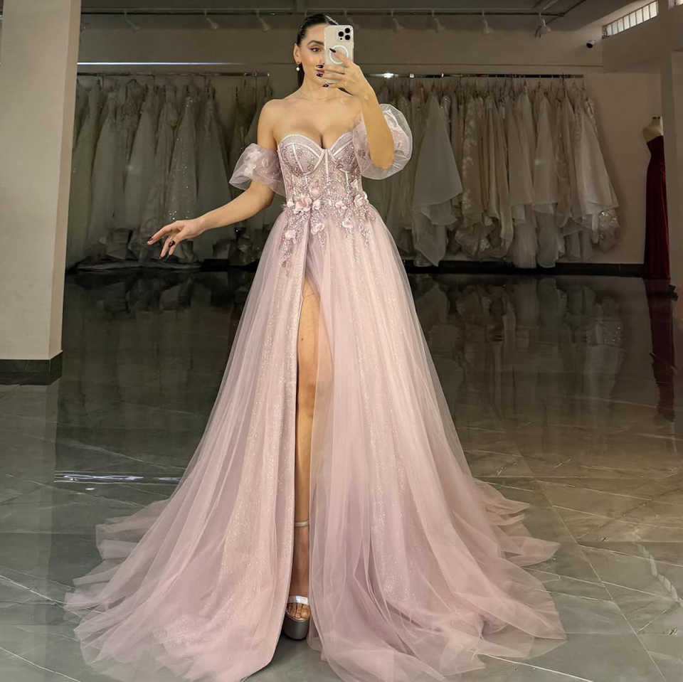 Gorgeous Prom Dresses With Strapless Crystal Appliques Length With Bling Sequins Side High Split Custom Made Plus Size Party Dress Vestido De Noite