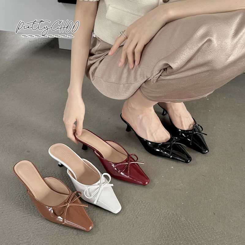hot Patent Leather Bowknot Me Slides Wan Pointed Toe Kitten Heel Pump Sandals Ladies Bright Color ning Party Dress Shoes Z250311