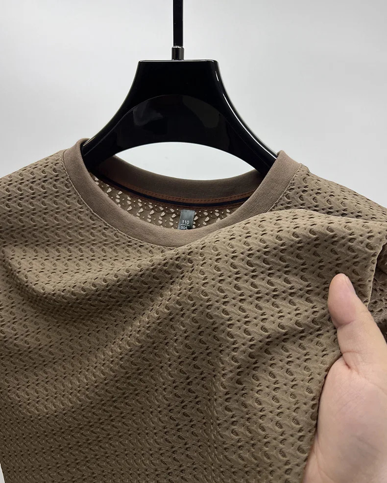 y summer hollow ice silk short sleeve Tshirt mens solid color round neck top silky breathable fashion wear 250312