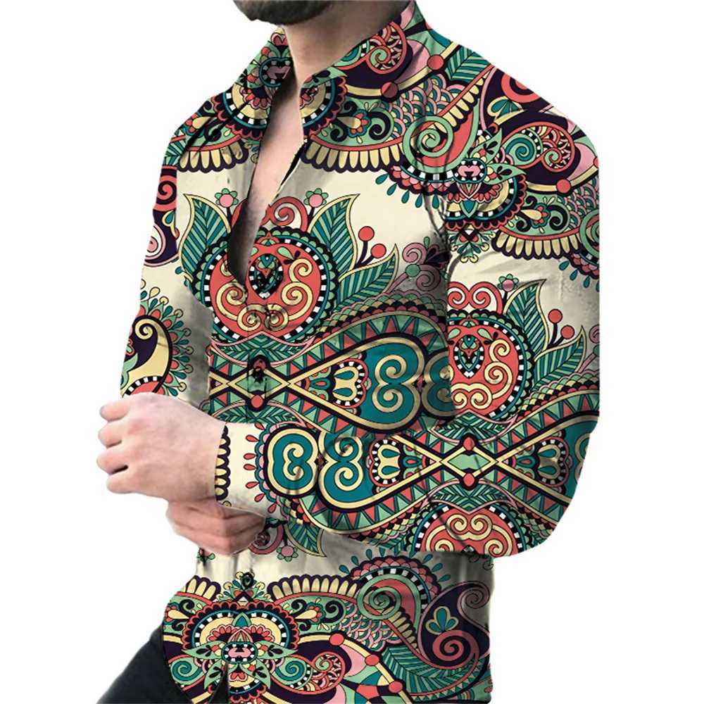 2024 Spring Mens Shirt Fashion Retro Street 3D Printed Mens Long Sleeve Flower Shirt Top Flip Tie Button W250312