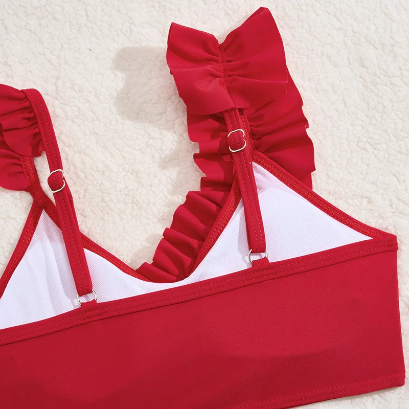 3 Pieces Ruffle Bikini 2025 Girls Swimsuit High Waist Kids Swimwear Female Beach Skirt Red Children Swimming Bathing Swim Suit 250311