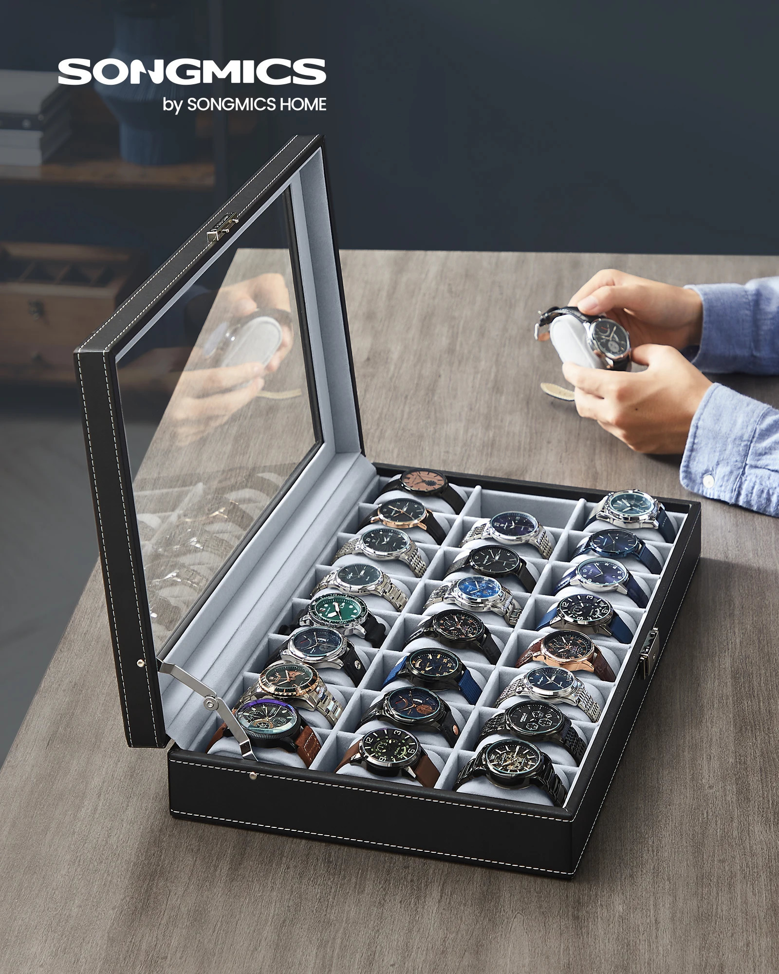 SONGMICS Watch Box 24 Slot Watch Box Lockable Watch Storage Box with Glass Lid Gift Idea Ink Black Synthetic Leather 250311