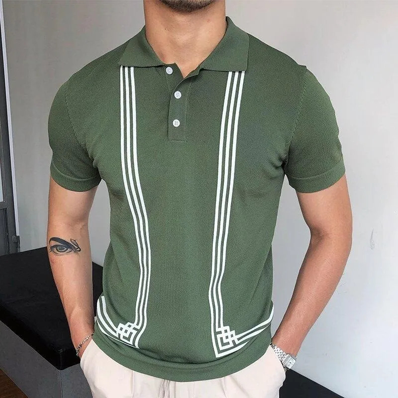 Summer Clothing Mens y Knitted Short Sleeve Polo Shirt Retro Lapel Buttondown Patchwork Fashion Business Leisure Knitwear 250312