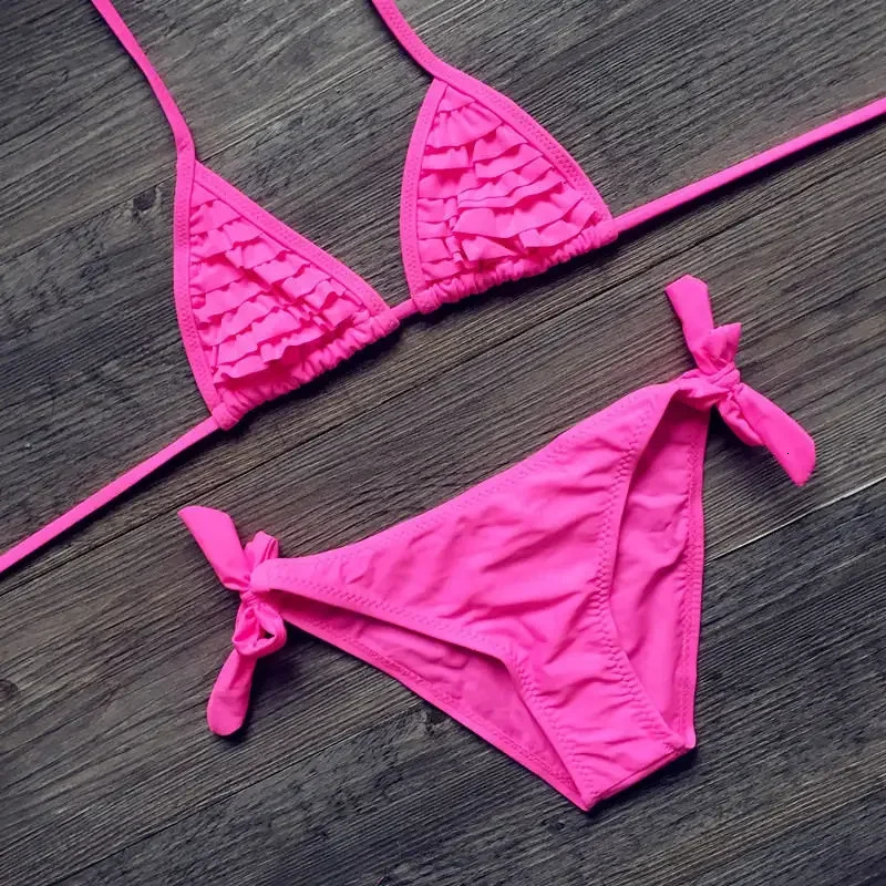 Girls Swimwear Bikini Menina Cute Kids Two Pieces Swimwear Quality Children Bathing Suits Kids Falbala Biquini Infantil 4 Colors 250311