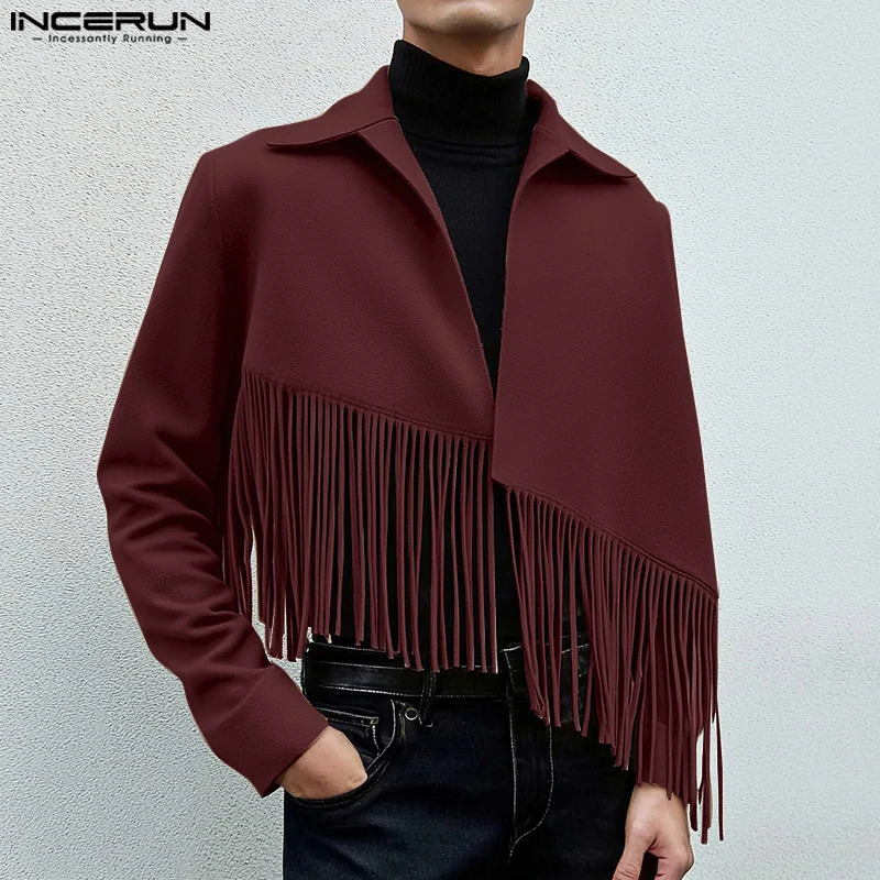 INCERUN Tops American Style Fashion Mens Diagonal Tassel Woolen Jackets Coat Casual Streetwear Male Solid Long Sleeved 250312