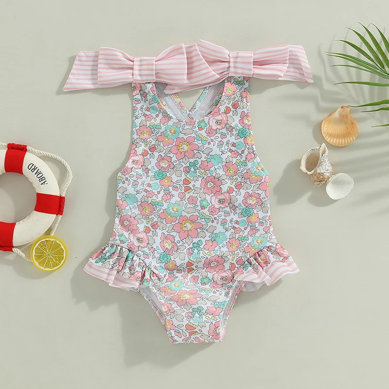 1-6Y Kids Swimwear Girls Bikini Set Sleeveless Bow Straps Floral Bathing Suits Baby Swimsuits Toddler Beachwear 250311