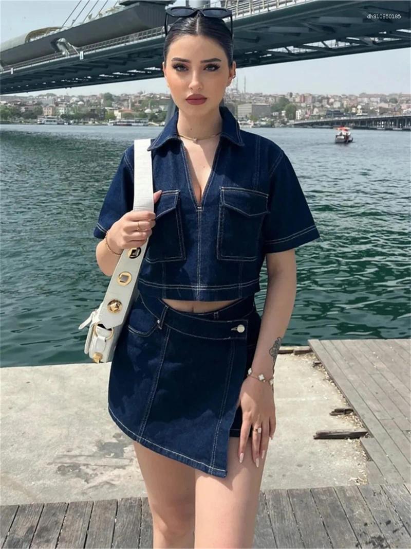Women's Tracksuits Fashion Denim 2 Piece Sets Women Outfit Summer Clothes 2025 Jean Crop Top Irregular Hem Shorts Skirts Dress
