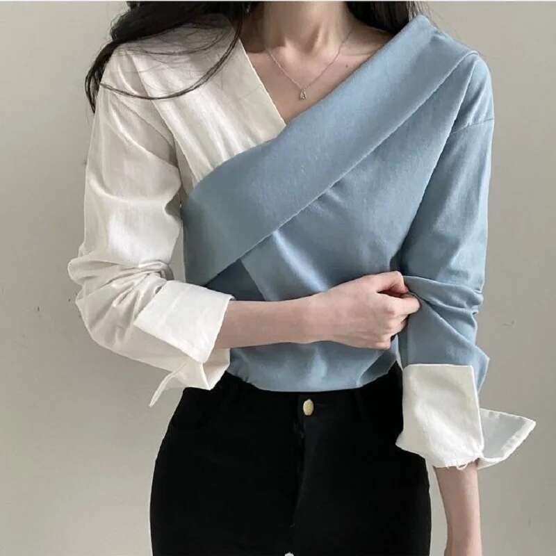 Autumn Long Sleeve Vintage Contrast Patchwork Shirts Women Fashion Streetwear V Neck Ladies Tops Clothing