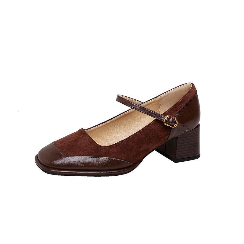 Cowhide Edition~High Heels Women's Spring and Autumn New Style Square Head Bottom Black Short French Thick Heel Mary Jane Single Shoes #ddmypanda