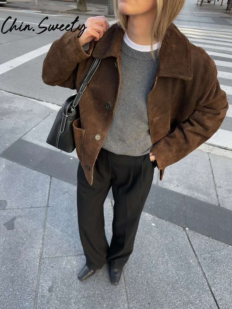 Casual Suede Brown Women Jacket Vintage Lapel Button Long Sleeve Pocket Female Coat 2025 Spring Autumn Lady Urban Streetwear