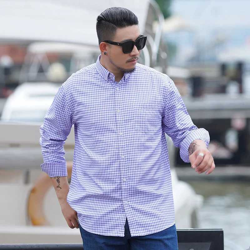 mens long sleeve plaid shirt Youth business casual spring and autumn long-sleeved shirts Blue formal mens loose shirt 8XL 0XL W250312