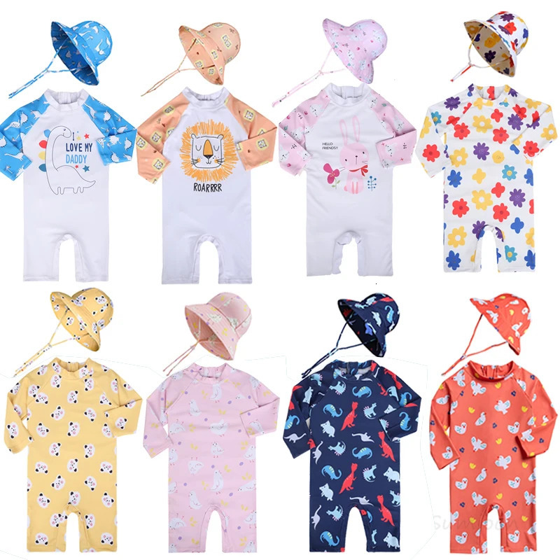 Baby Girls Swimsuit Long Sleeves One Piece Swimwear for Kids Toddler Cartoon UPF50 Rash Guards Infant Bathing Suit Korea Sets 250311