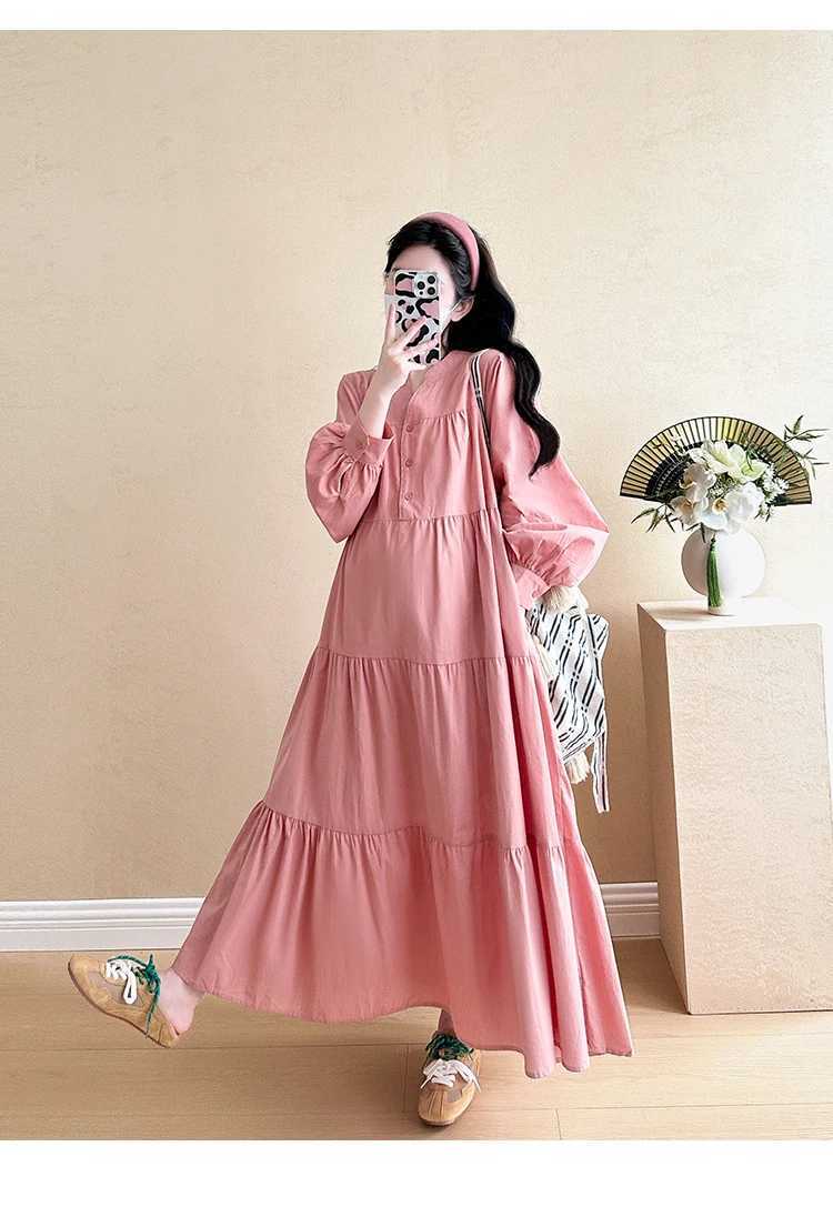 Long Lantern Sleeve Pregnant Woman Ball Gown Dress Ruffles Patchwork Plus Size Maternity Cake Dress Sweet Pregnancy Clothes CuteT250311