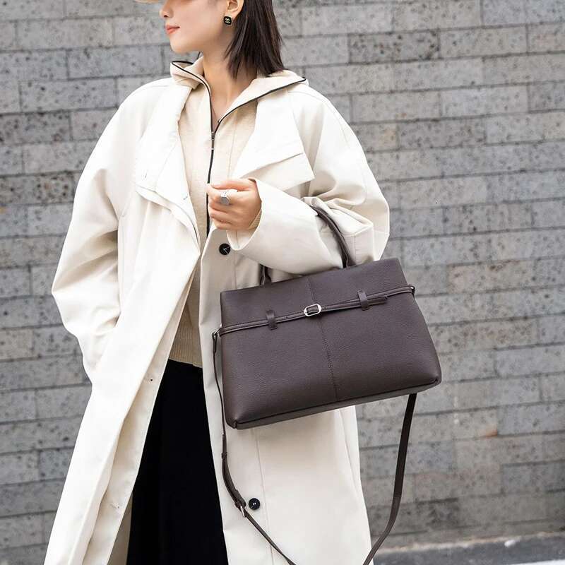 Donna-in Leather Top Handle Tote Bag for Work First Layer Full Grained Cowhide Handbag Sier Hardware with Shoulder Strap