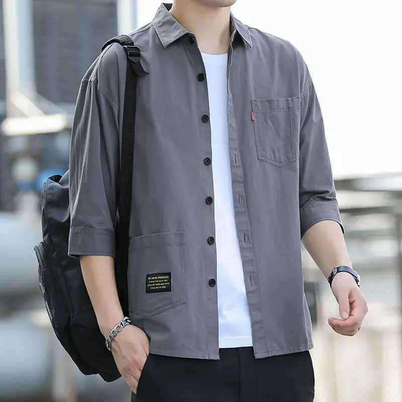 Business Casual Fashion Shirts Turn-down Collar Loose Handsome Three Quarter Sleeve Man Button Solid Pockets Mens Clothing 2023 W250312
