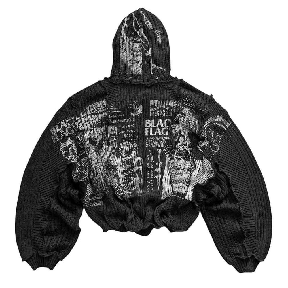 American style personalized and trendy heavy-duty printed knitted with street graffiti design, loose fitting hooded unisex sweater