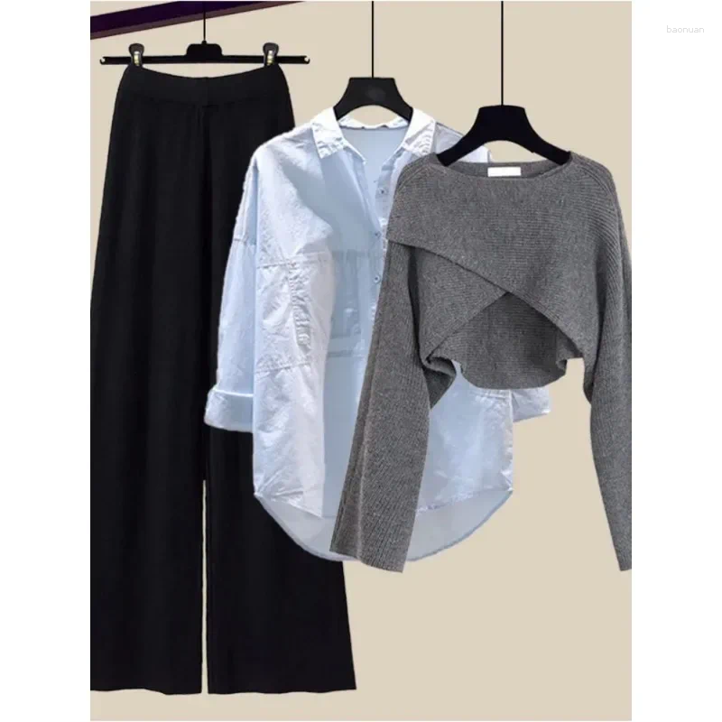 Womens Tracksuits Winter 3 Piece Sets Womens Outfit Office Ladies Elegant Irregular Knitted Sweater Shirt Wide Leg Pants Set Women Clothing