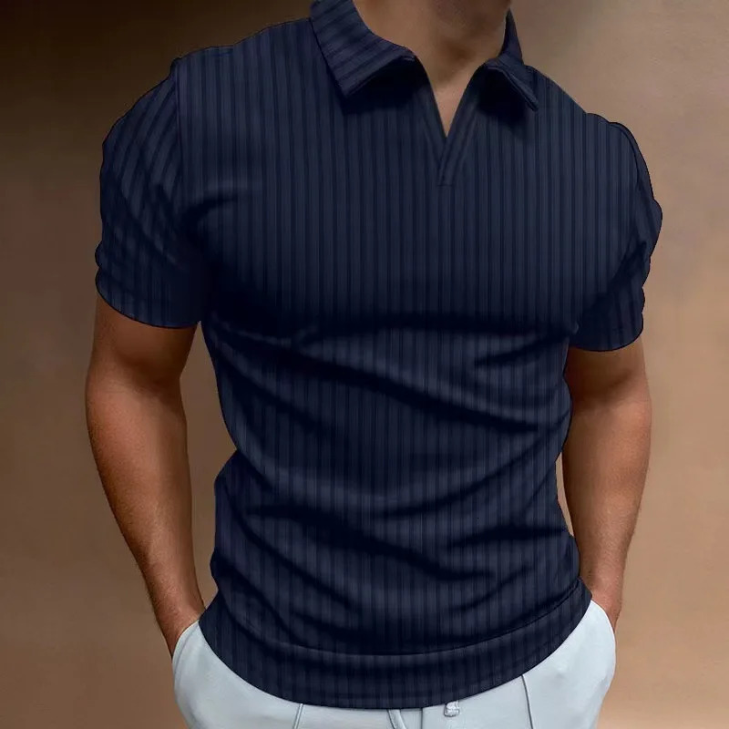 Summer Solid Color Polo Shirt Vneck Striped High Elasticity Thin Short Sleeve Mens Tshirt 250312