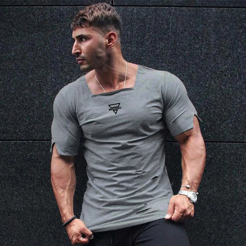 Cotton square collar mens running Tshirt gym fitness training clothing retro hole ultrathin suitable for breathable summer shirt 250312