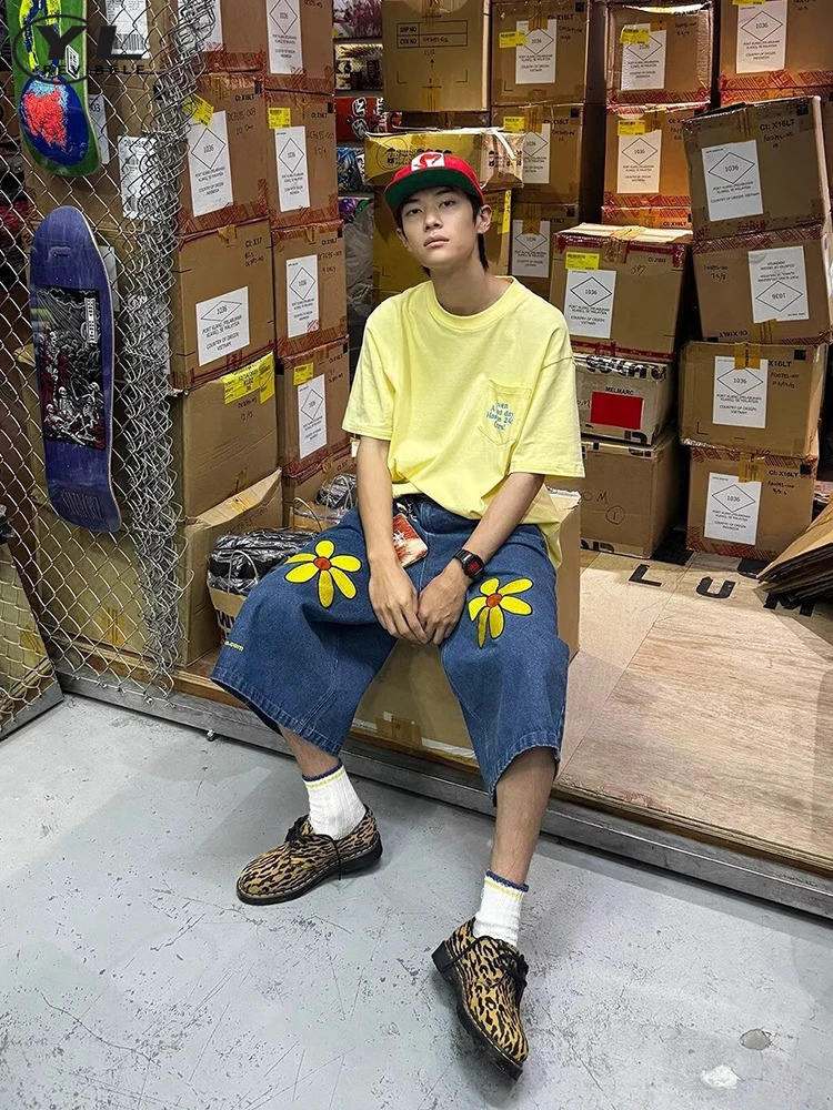 Floral pattern jeans shorts mens summer blue casual bag straight five point pants Y2k fashionable retro wide leg sports 250312