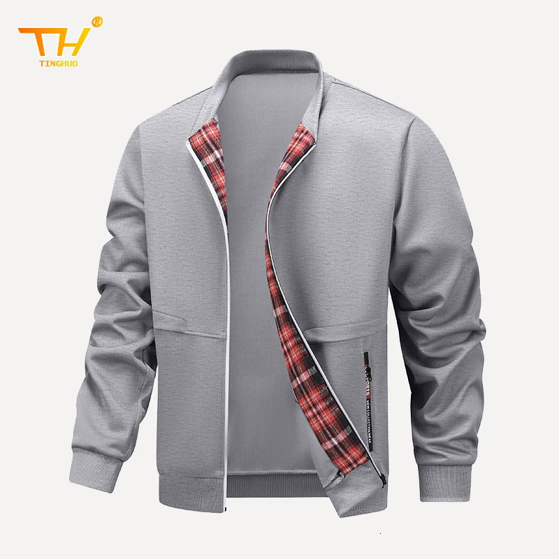 Mens Jacket SpringAutumn Casual Checkered Zipper n Fashion Collar Training Jogging Gym Coat 250312