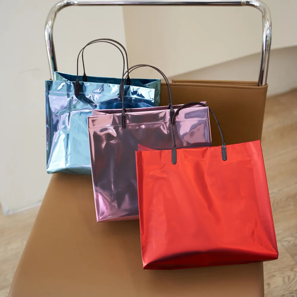Laser PVC Shopping Bag With Snap Button Reusable Women Waterproof Eco Tote Bag Clothing Wedding Party Favor Gift Packaging Bags 250305