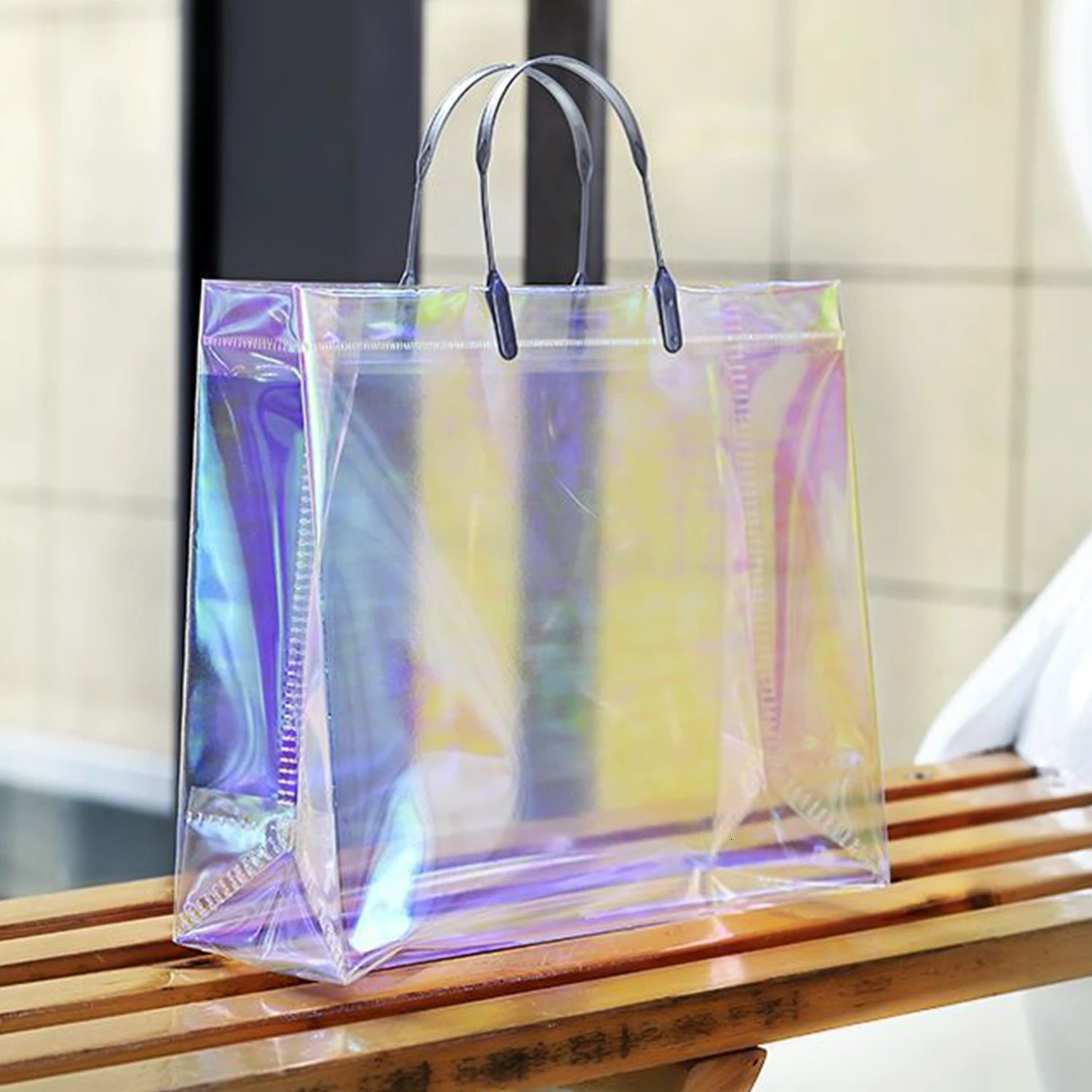 1PC Fashion Women Clear Tote PVC Laser Waterproof Transparent Handbags Shopper Shoulder Bag Beach Portable Pouch 250305