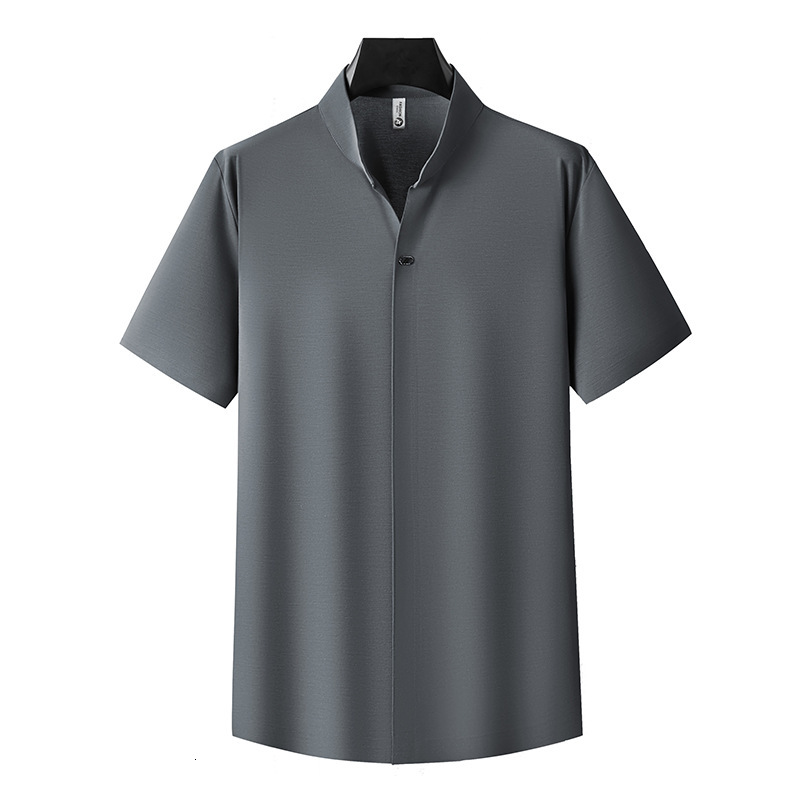 New Chinese style standing neck high elastic V-neck polo shirt for men's seamless drape thin short sleeved white t-shirt light luxury summer trac