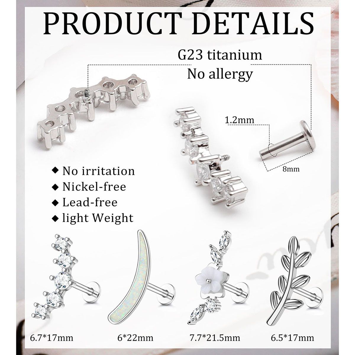 TUPMI G23 Titanium Cartilage Earrings for Women 16G Pure Titanium Flat Back Stud for Sensitive Ear Cartilage CZ Stud Earrings Internally Threaded Conc