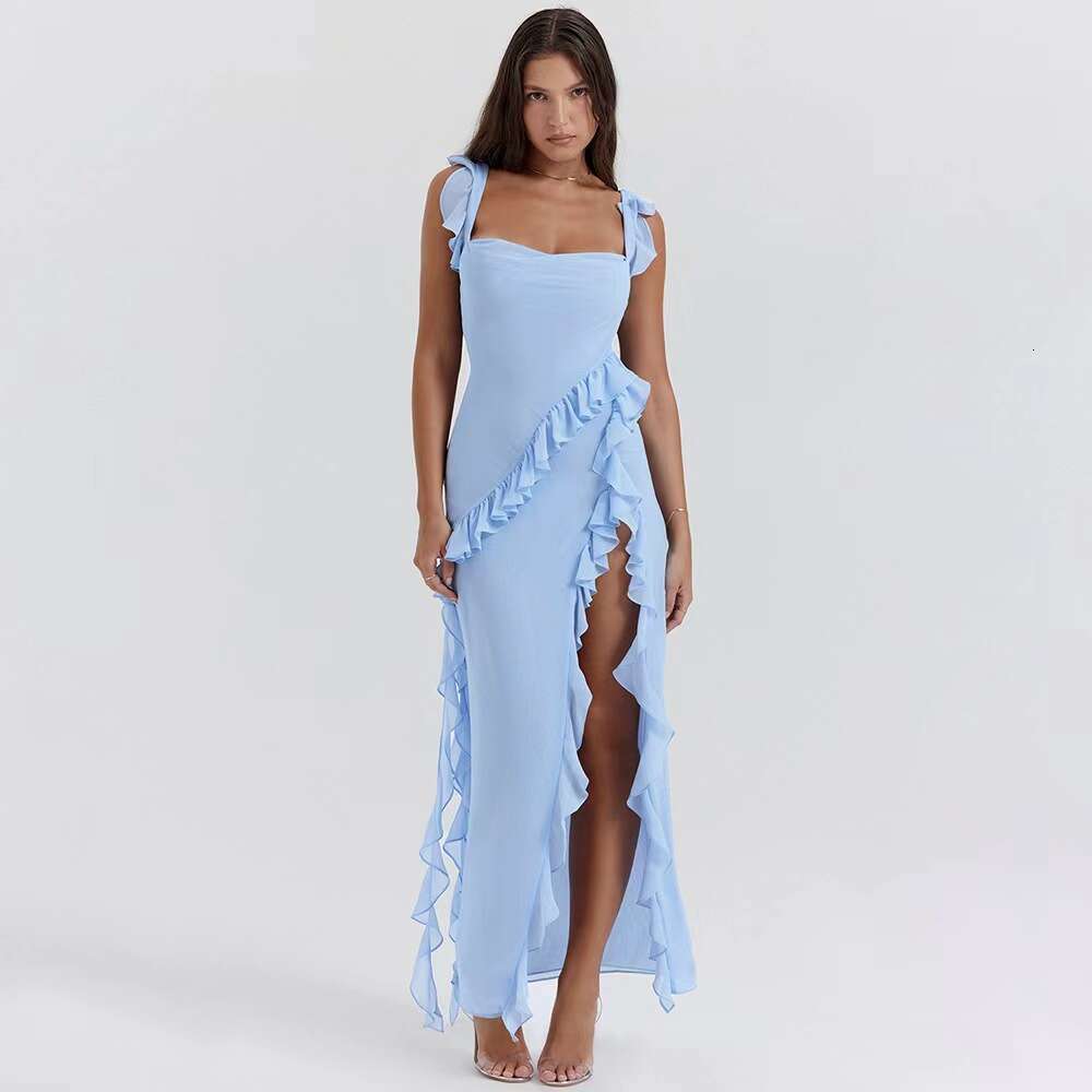European American style women's summer autumn fashionable sexy mushroom edge splicing temperament slit dress 2025 new casual and versatile fashio