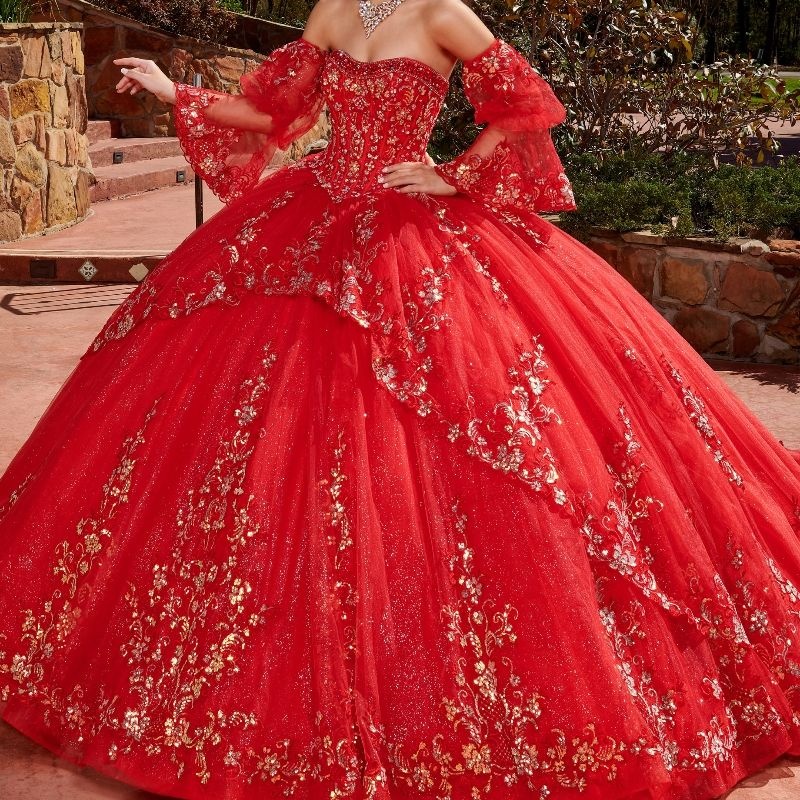 Red Ball Gown Quinceanera Dresses Off The Shoulder Appliques Lace Beading Crystal Tiered Tull Tassel Vestidos De 15 Anos Sweet 16 Dress