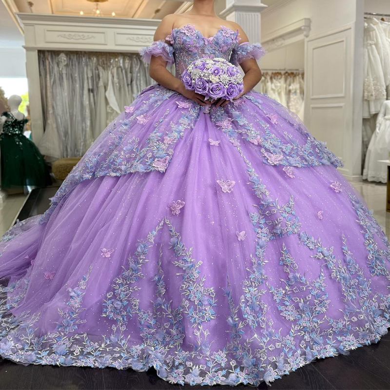 Lavender Shiny Quinceanera Dresses Ball Gown Off The Shoulder Applique Flower Bow Beads Tull Party Birthday Sweet 16 Vestidos 15 De Anos