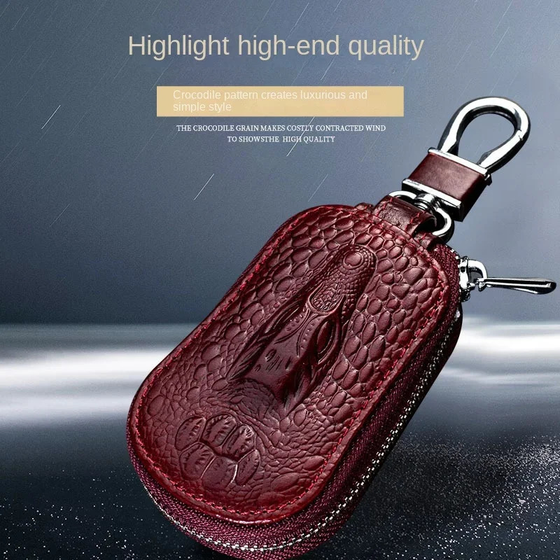 Cowhide Car Key Wallet Case Genuine Leather Pattern Zipper Cover Mini Waist Trailer Bag Unisex with Metal Buckle 250311