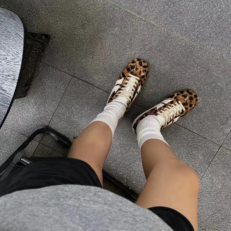 Womens sports shoes 2025 genuine leather womens shoes fashion retro leopard print German training shoes ins sports casual shoe 250305
