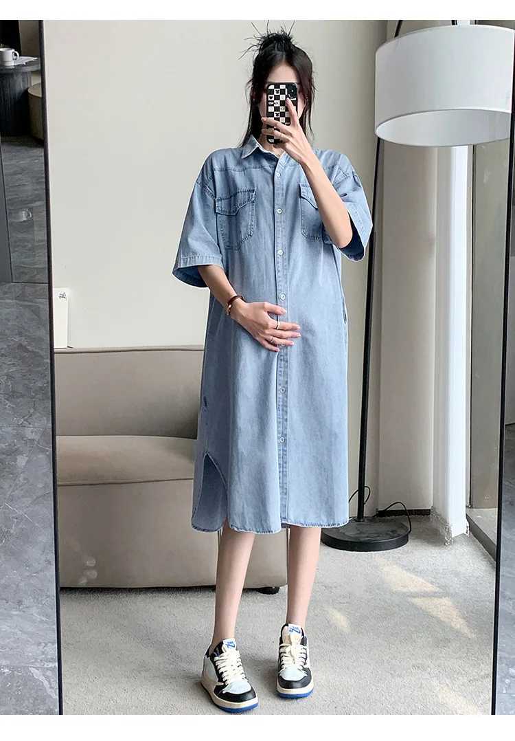 Shirt Styles Denim Maternity Dress Casual Loose Long Blouse For Pregnant Women Pregnancy Denim Midi DressT250311