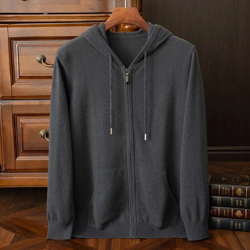 Autumn and winter 100% cashmere hooded zipper pullover thick knitted sweater warm casual outerwear