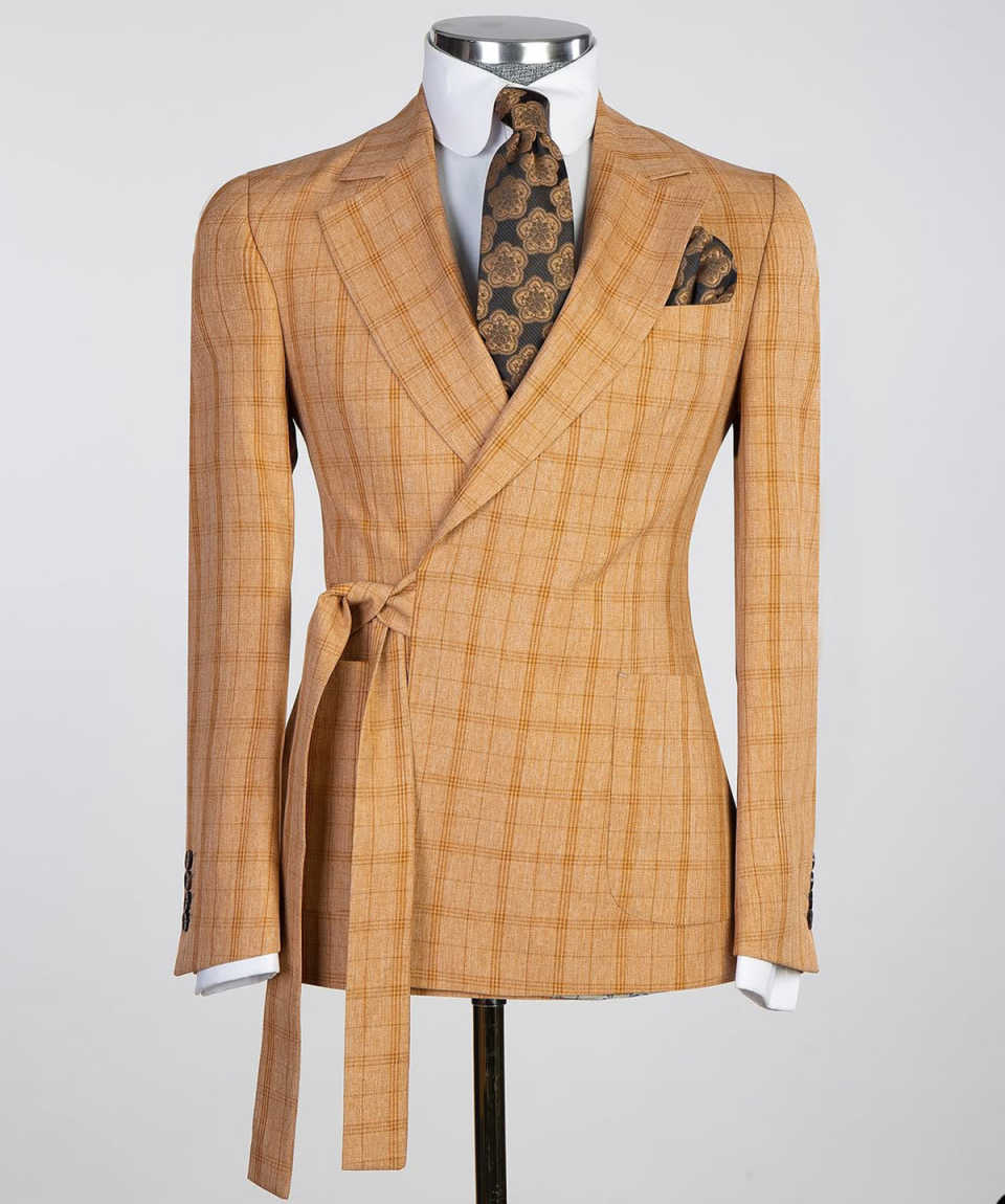 Fashion Men Suits Tailor-Made 2 Pieces Suit Tuxedos Peaked Lapel Plaid Groom Blazer for Wedding Belt Coat+Pants Prom Evening Party Formal Occasion Cus
